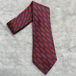 Hermes Men's Red Blue Striped Pattern 100% Silk Tie One Size